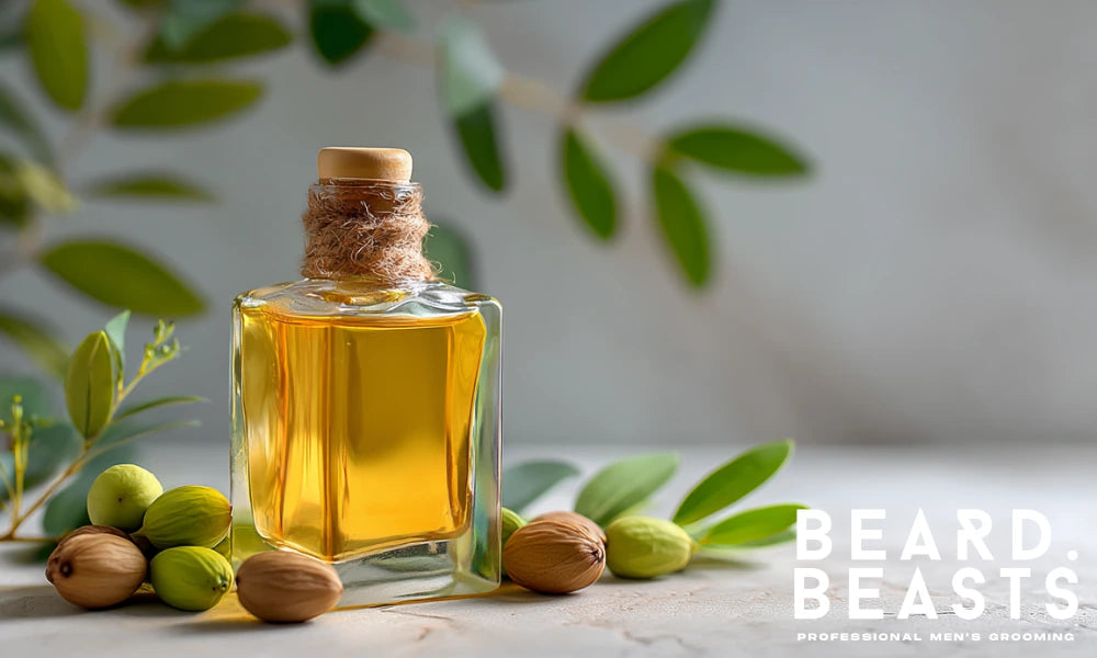 Glass bottle of golden jojoba oil surrounded by jojoba seeds and green leaves, styled for premium beard care product presentation