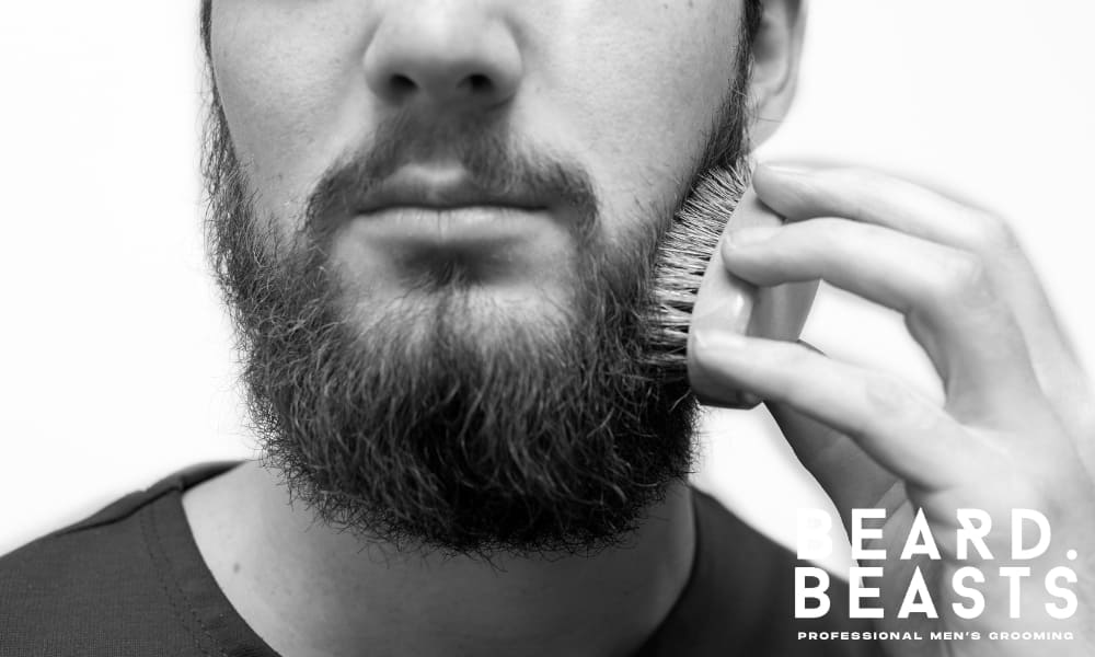 Man grooming his beard with a brush as part of his routine on how to grow a full beard