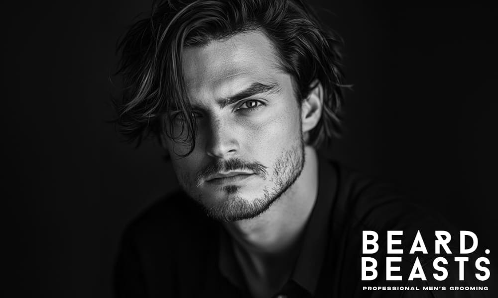 Confident man with long hair and patchy beard, showcasing a modern style from mastering how to grow a full beard