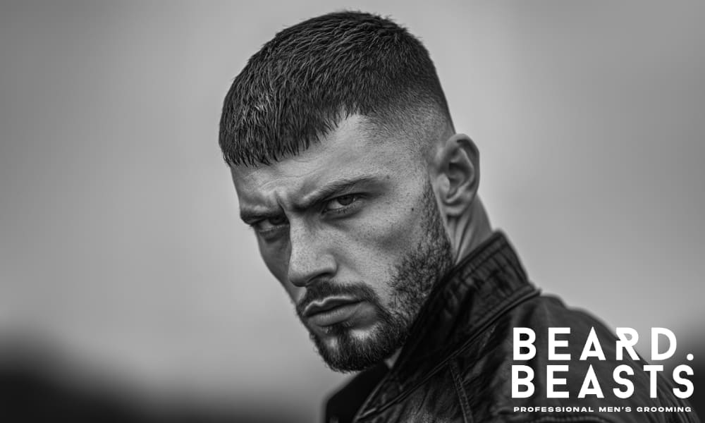 Stylish man with a short beard and intense look, representing confidence gained from knowing how to grow a full beard