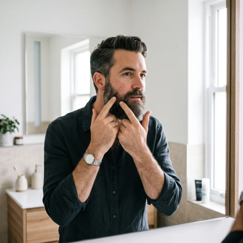 Man parting his beard to check the skin underneath.