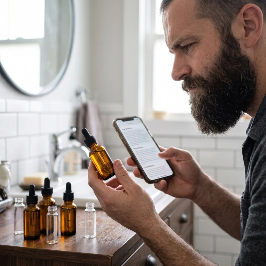 Bearded man checking the ingredients in a tea tree oil blend on his phone