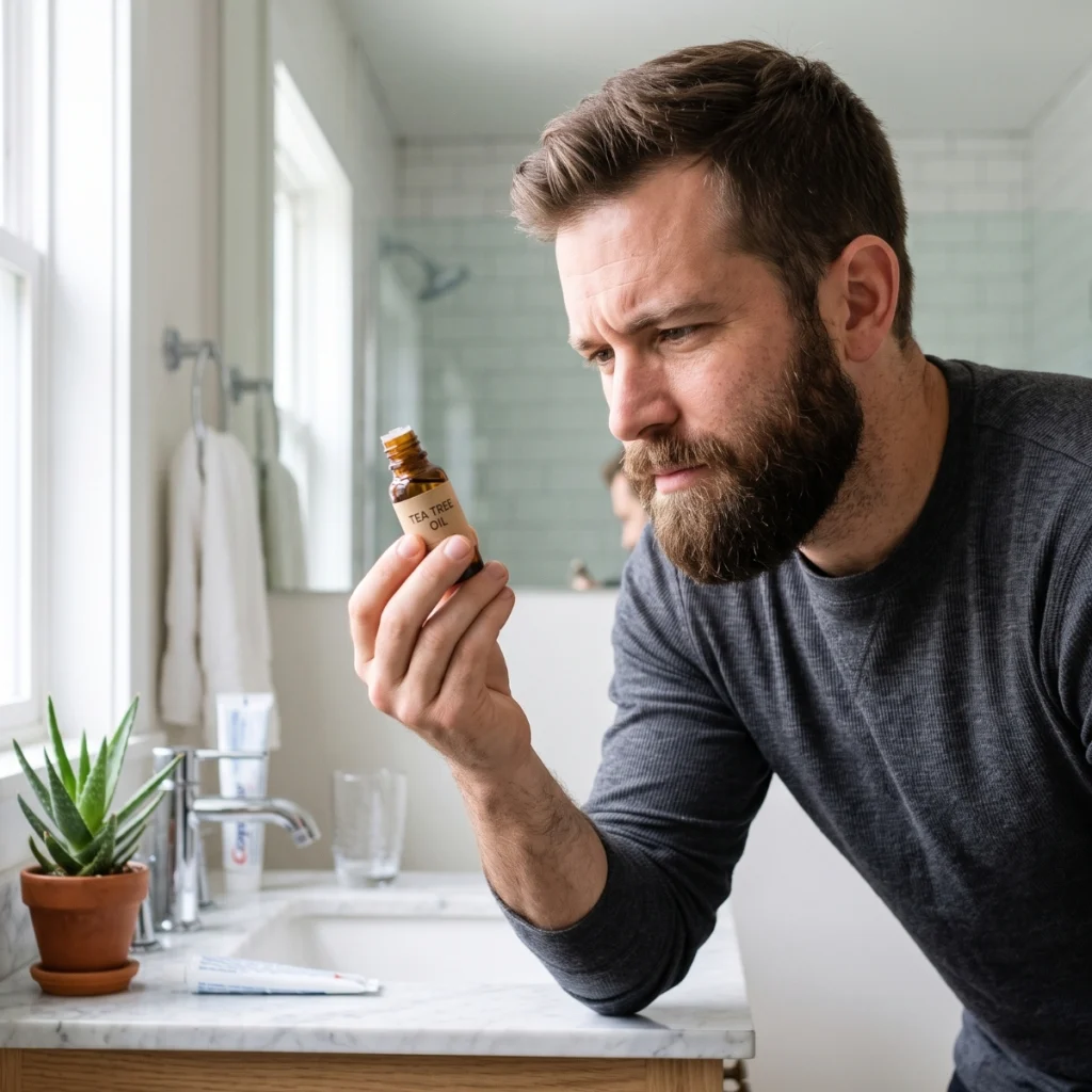 Bearded man questioning whether tea tree oil helps beard growth