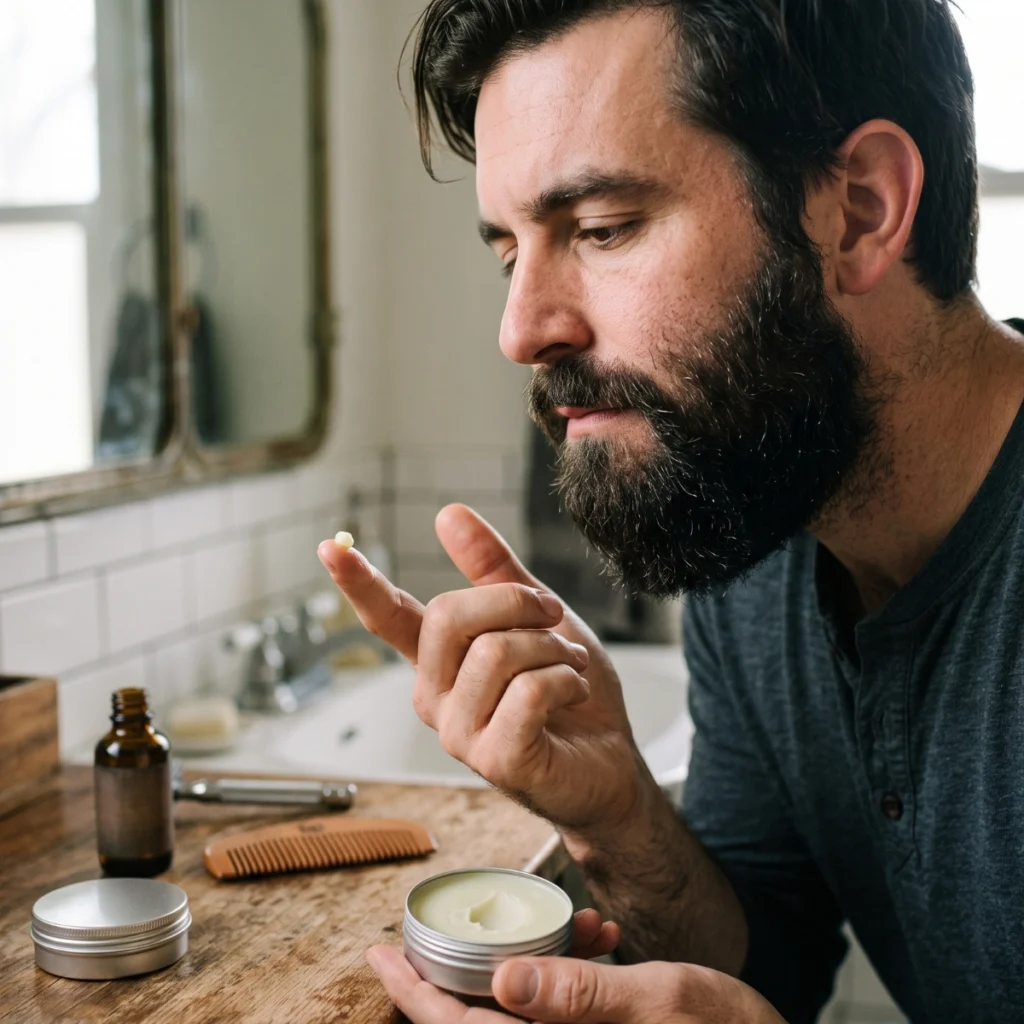 Man using a small amount of beard balm after applying beard oil to avoid using too much product