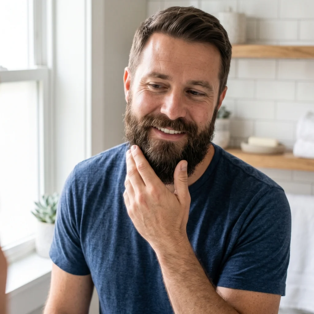 Man running his fingers through a soft, conditioned beard after using beard butter.