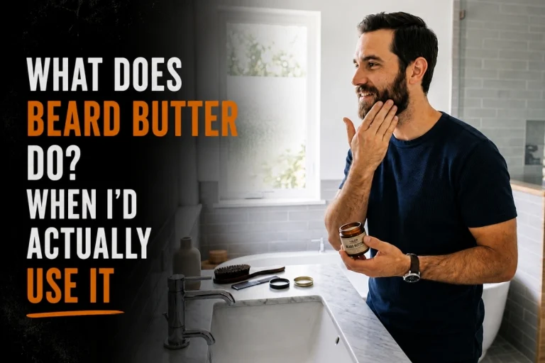 What does beard butter do graphic showing a man applying beard butter to his beard.