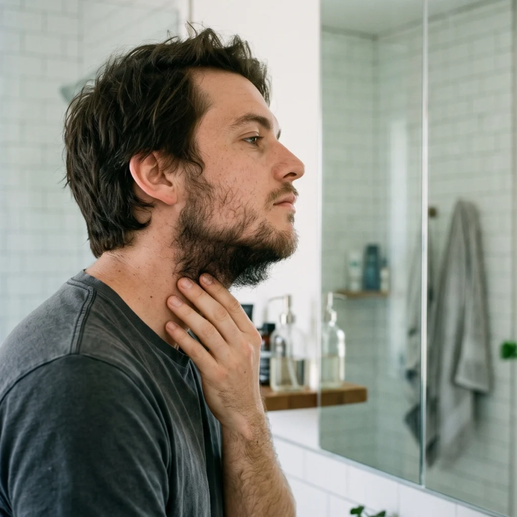 Man examining a neckbeard with heavier beard growth under the jaw and across the neck.