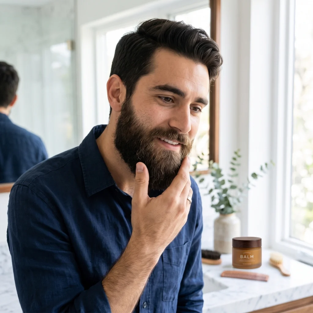 Bearded man checking the texture of his beard beside a beard balm product.