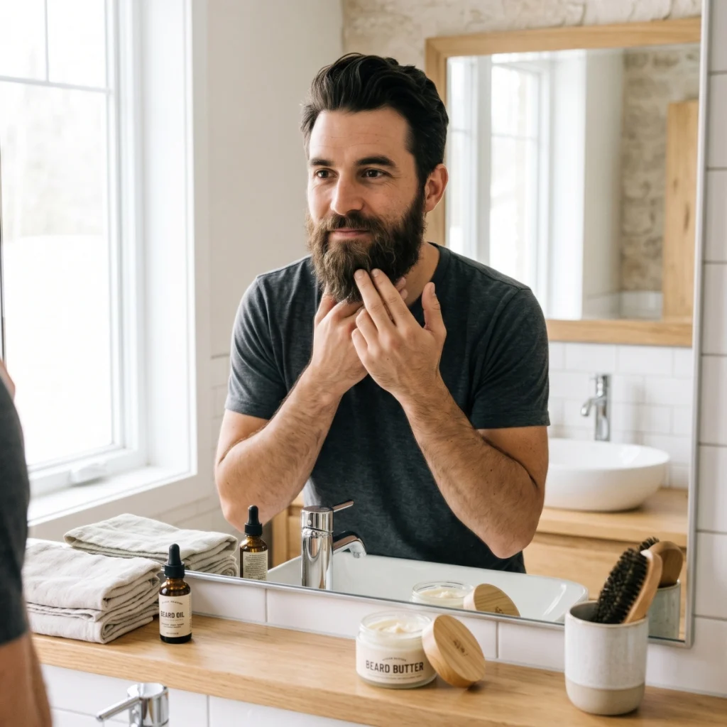 Man checking a longer beard to see if it feels dry, rough or difficult to manage.