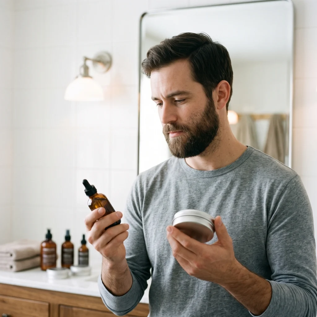 Man comparing beard oil and beard butter to decide which product suits his beard.