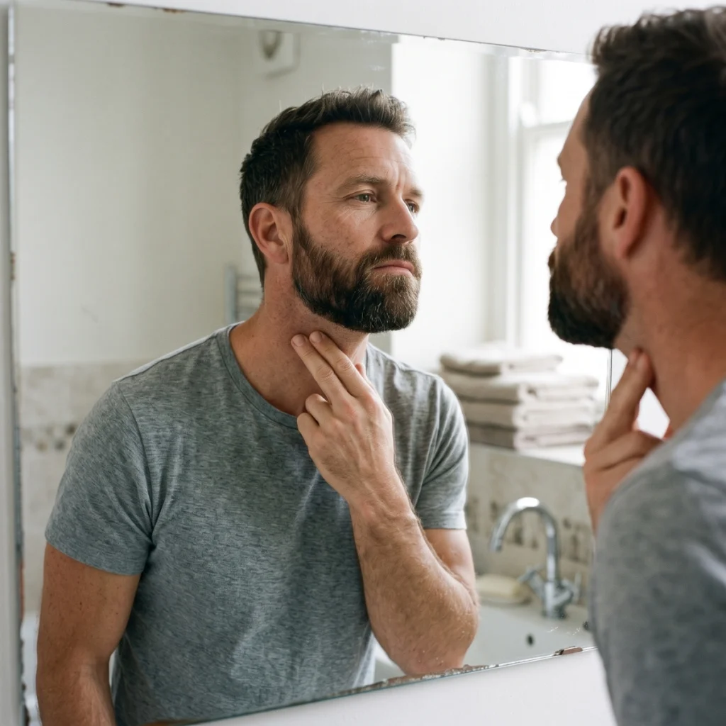 Man in bathroom mirror using two fingers above his Adam’s apple to check where his beard neckline should sit