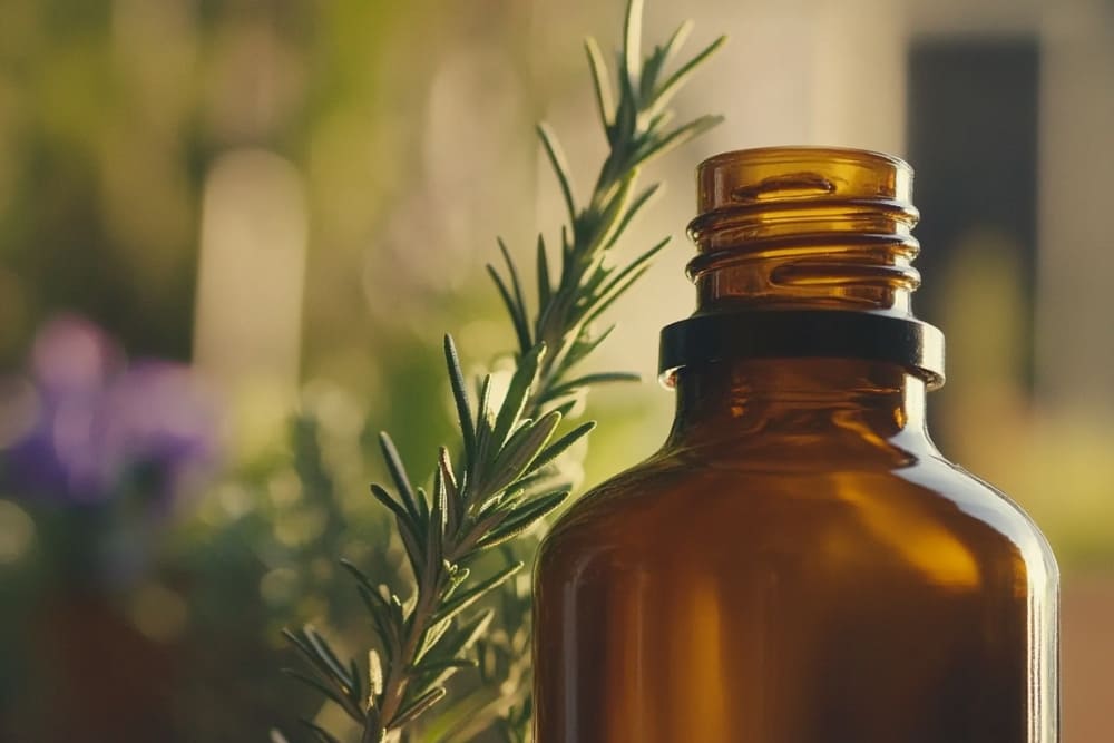 A close-up of an amber glass bottle containing rosemary oil, with a sprig of fresh rosemary leaning against it. The natural sunlight and blurred greenery in the background create a warm, earthy ambiance, emphasizing the organic and rejuvenating qualities of rosemary oil, which is often used for promoting beard growth and hair health.