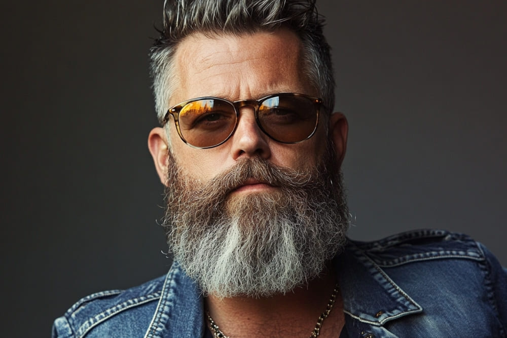 A confident man with a thick, well-groomed gray beard, wearing sunglasses and a denim jacket. His beard appears healthy and full, suggesting a meticulous care routine. This image highlights the potential results of using products like rosemary oil for beard growth, known for its nourishing and strengthening properties that promote beard thickness and shine.