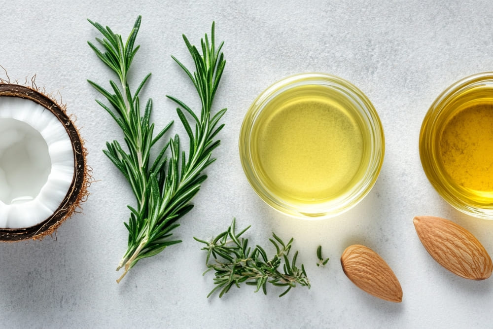 A flat-lay image showcasing natural ingredients arranged on a light surface. The composition includes a halved coconut, sprigs of fresh rosemary, and small bowls filled with golden oils, accompanied by whole almonds. The arrangement emphasizes the natural and wholesome properties of these ingredients, often used in hair and skincare routines.
