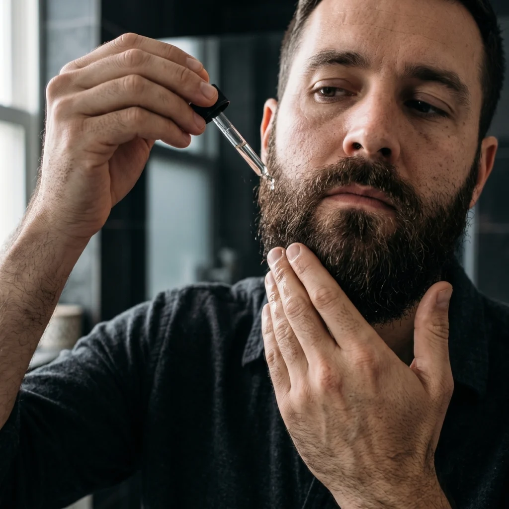 Man applying beard oil to a full beard with a dropper