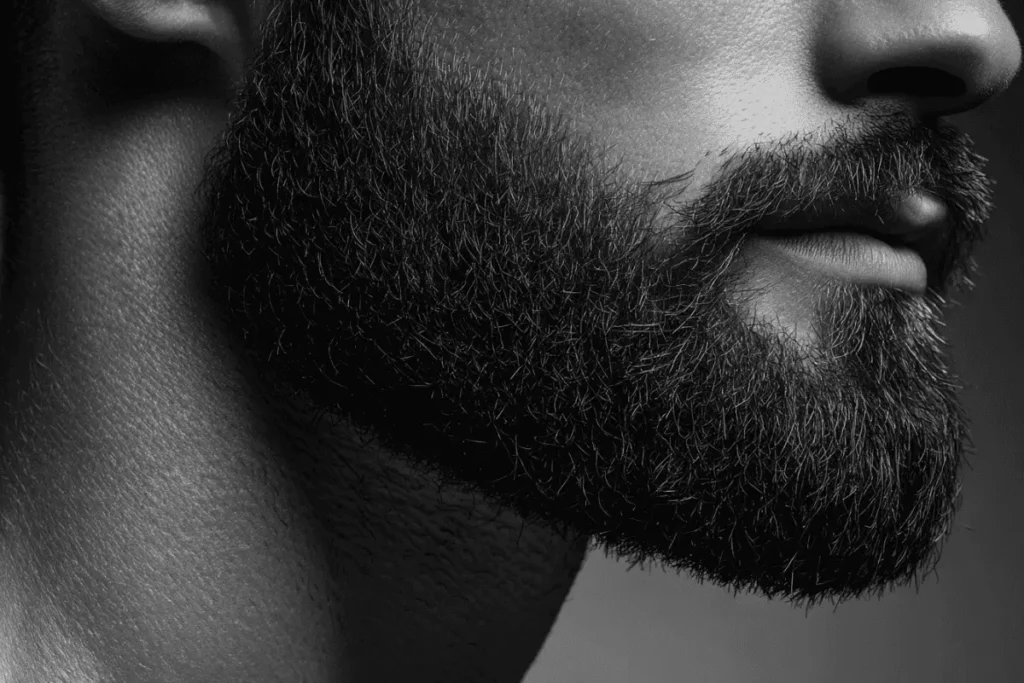 Close-up profile of a man's beard showing a sharp, clean-shaven neckline to demonstrate the correct trimming height for a round face.