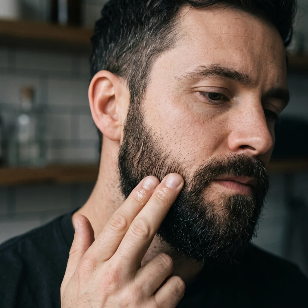Man using beard wax to press stubborn beard hairs into place