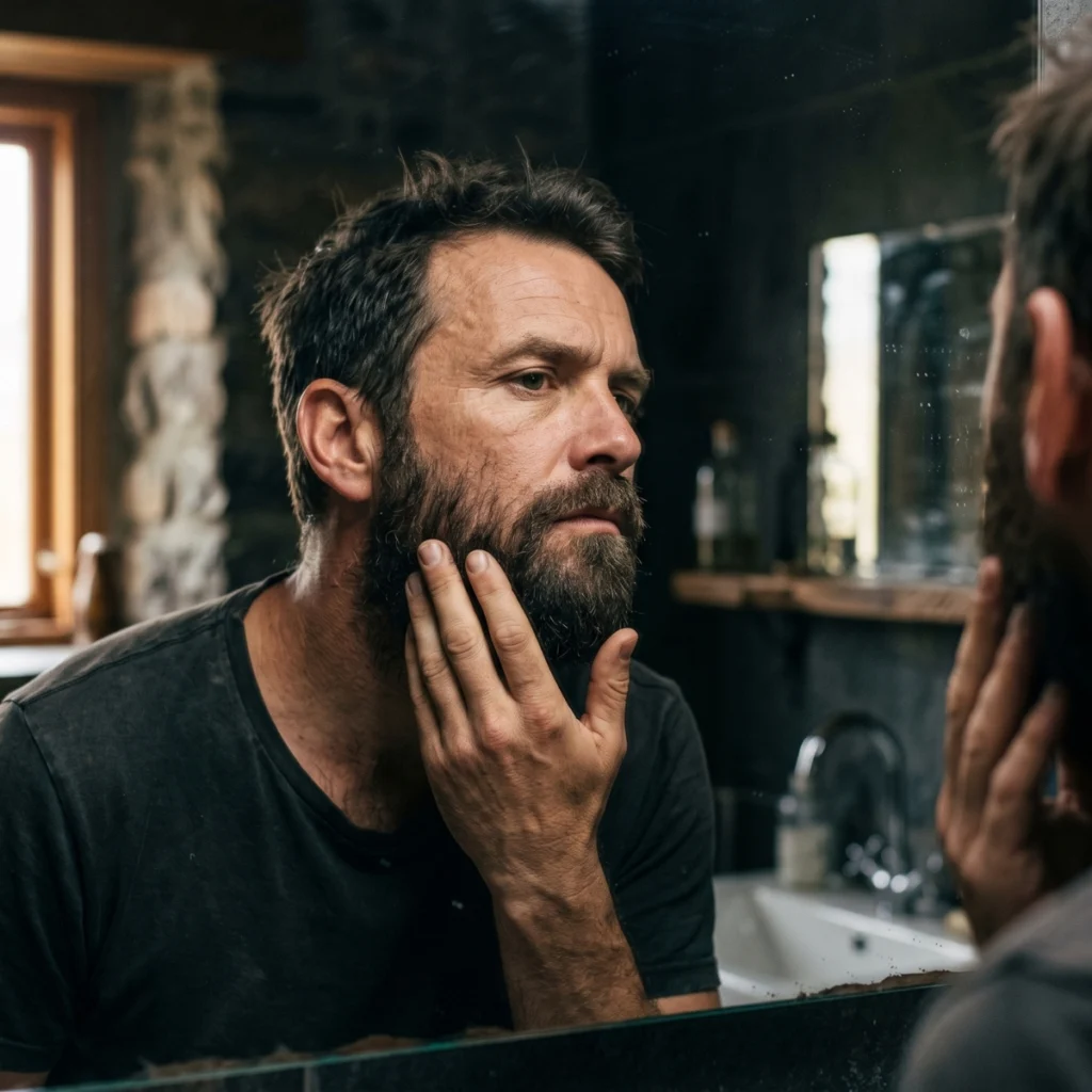 Man checking the condition and shape of his beard in a mirror