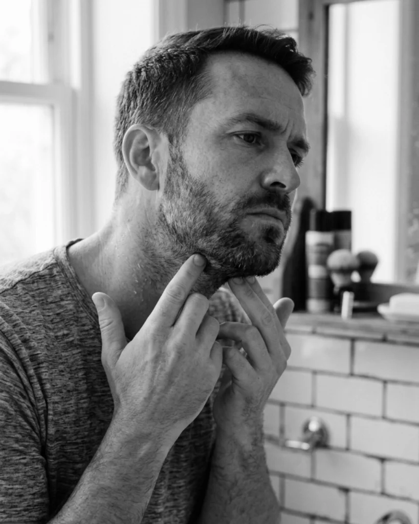 Man checking the direction of neck hair growth in a mirror before shaving to help prevent razor burn on the neck