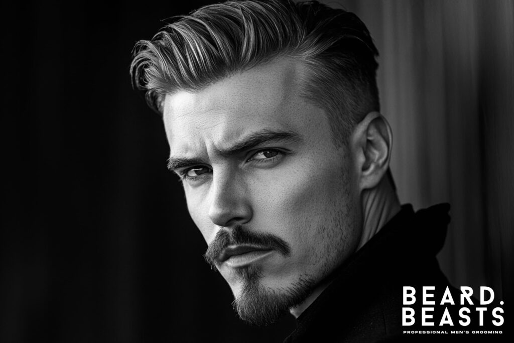 Black and white portrait of a man with a Van Dyke goatee style, featuring a disconnected mustache and pointed chin beard for a sharp, defined look.