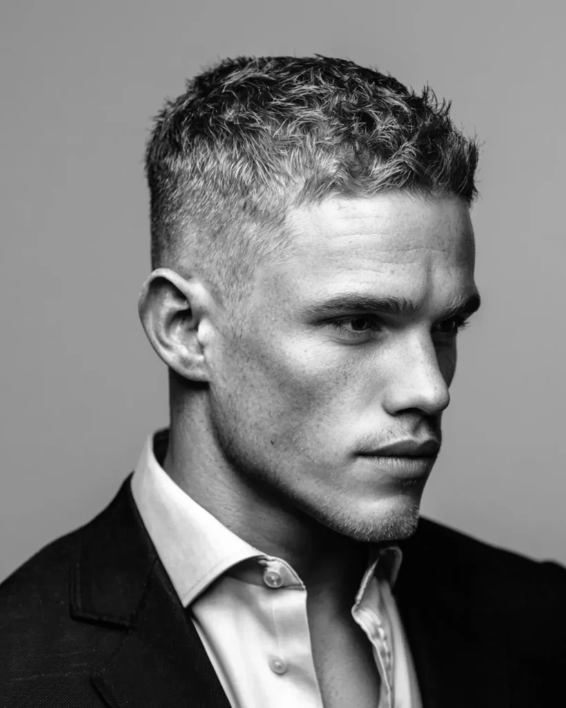Men’s textured crew cut hairstyle with short faded sides and more length on top
