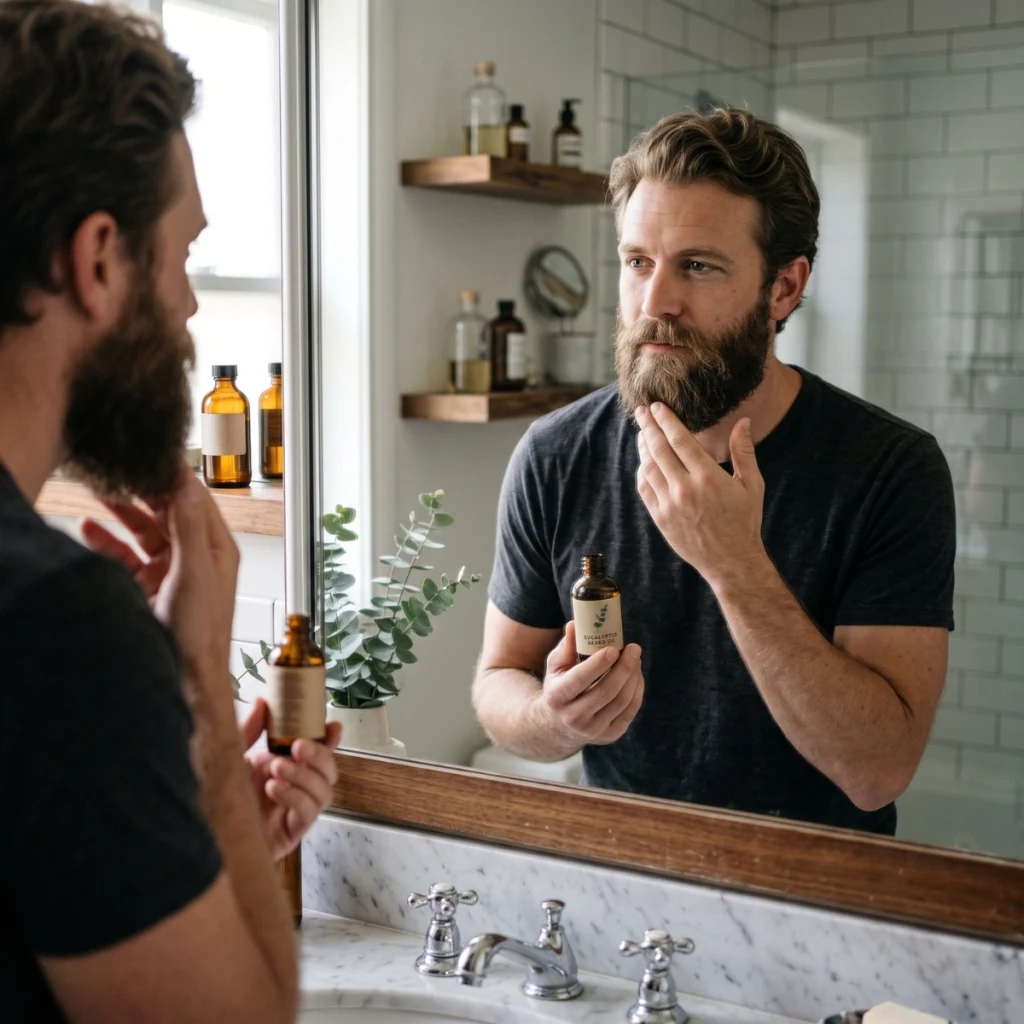 Bearded man holding eucalyptus beard oil while checking his beard in the mirror
