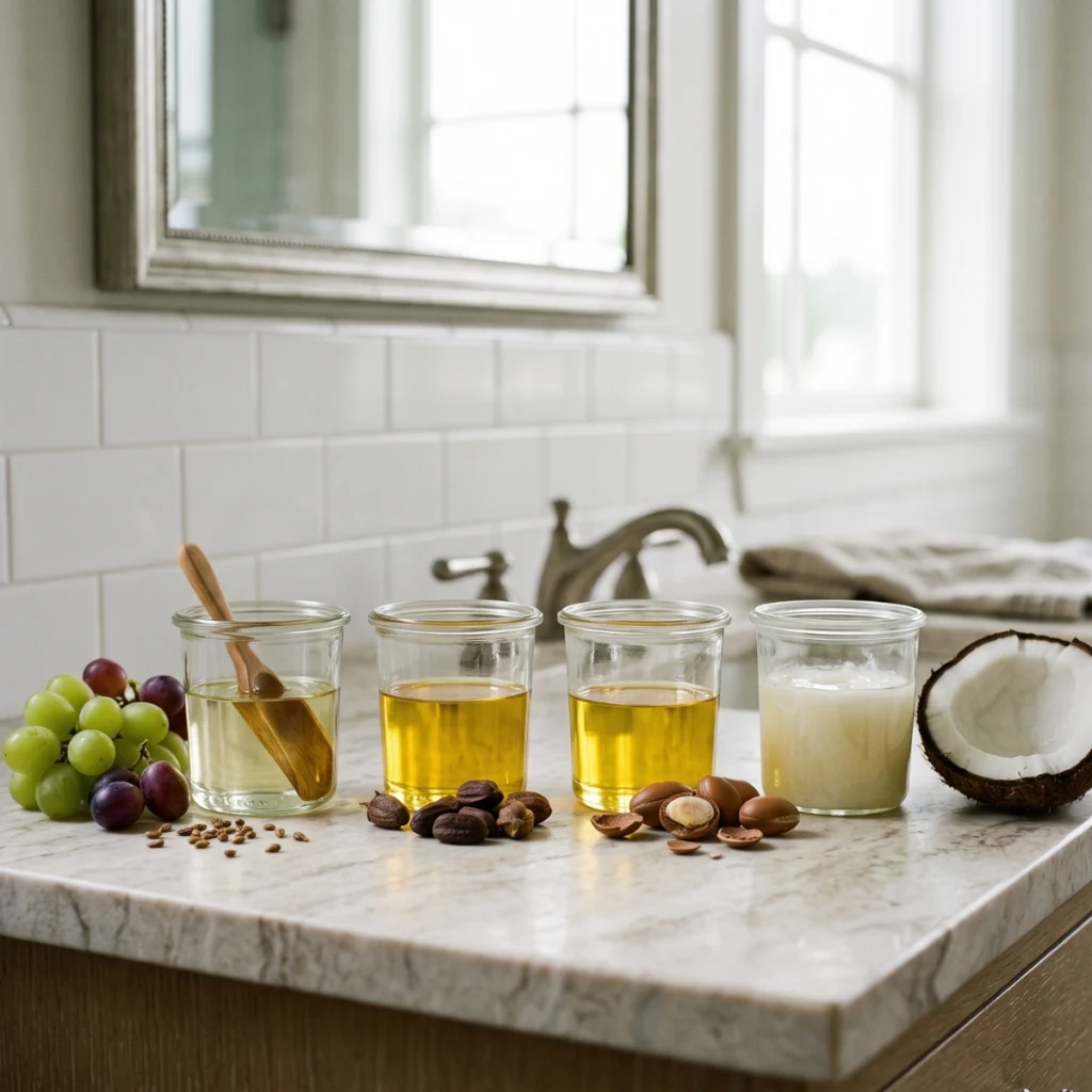 Grapeseed, jojoba, argan and coconut oils shown with their source ingredients for comparison.