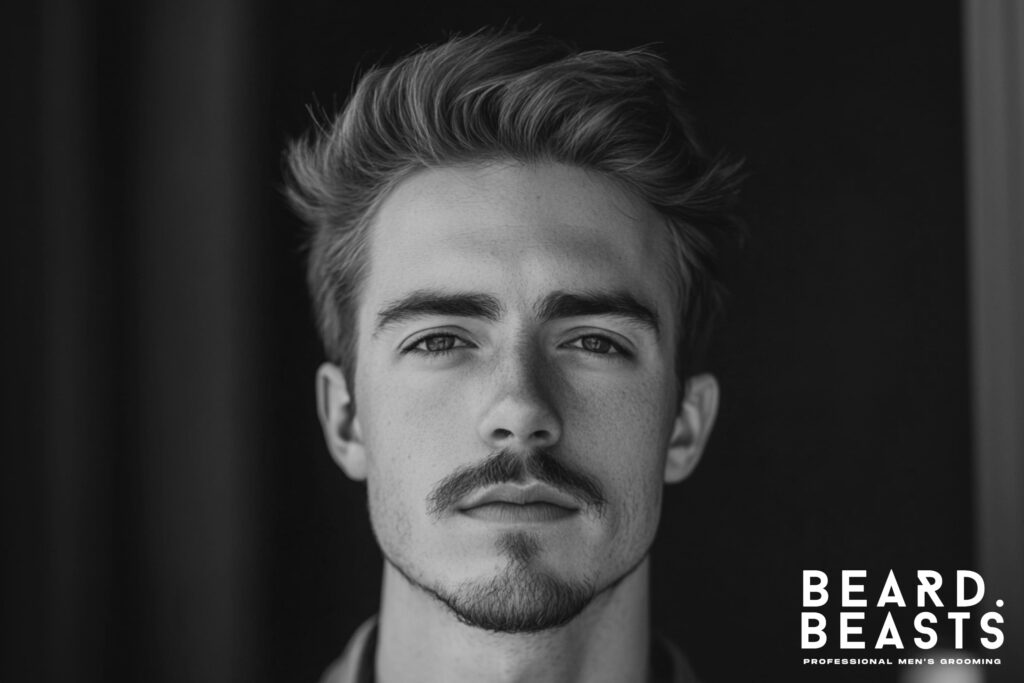 Close-up of a young man with a light goatee beard style, showing a disconnected mustache and chin patch on a clean-shaven face.
