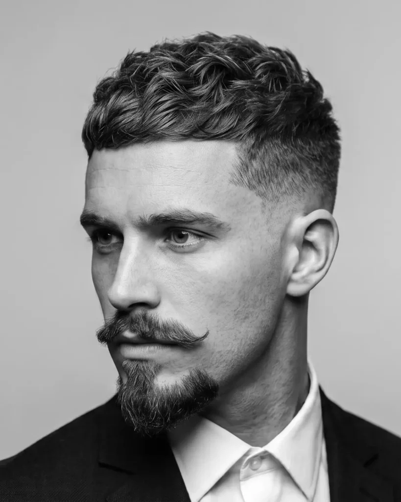Man with a Van Dyke beard, curled mustache and pointed chin beard in a black and white portrait