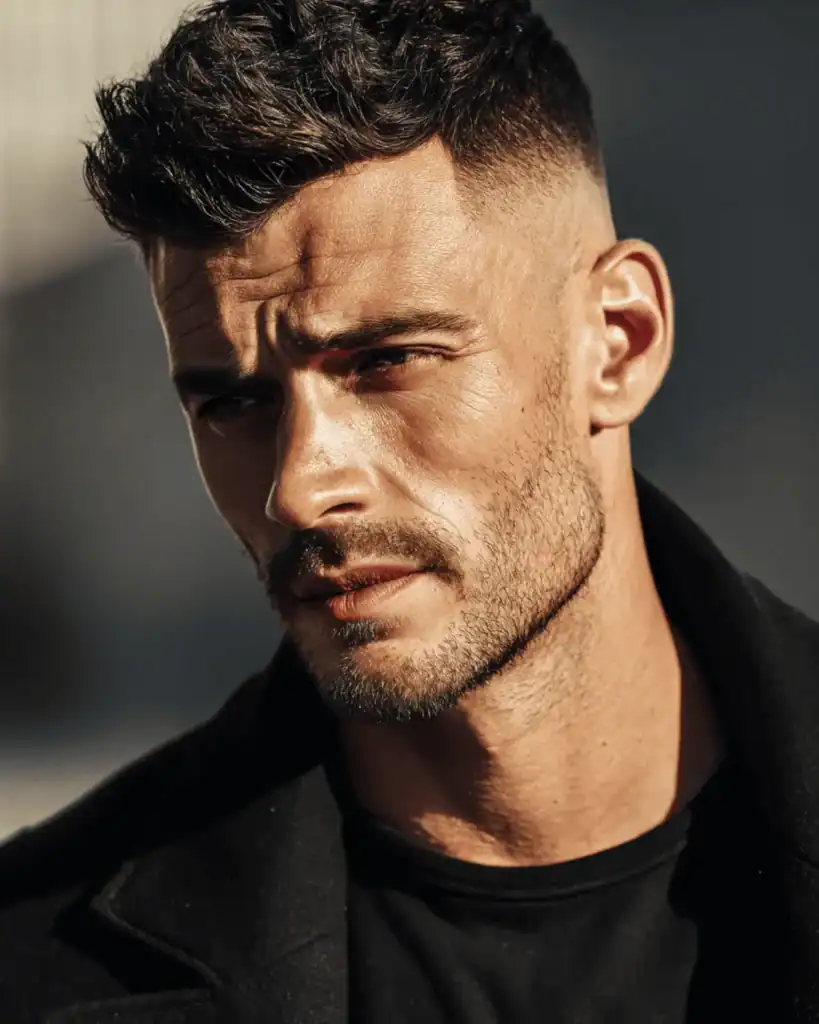 Model sporting a Number 2 Beard (6mm heavy stubble) with a clean neckline and fade haircut