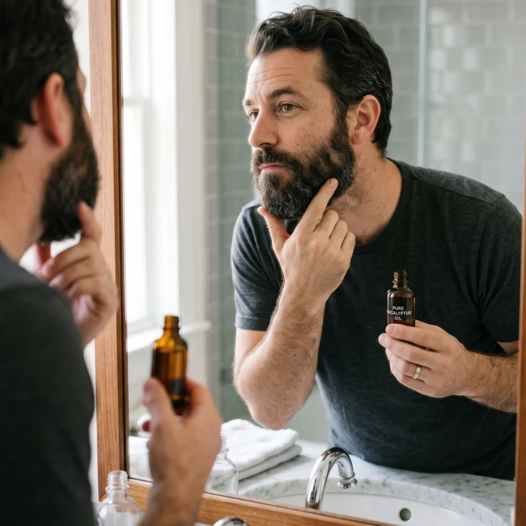 Bearded man checking the skin under his beard while holding pure eucalyptus oil