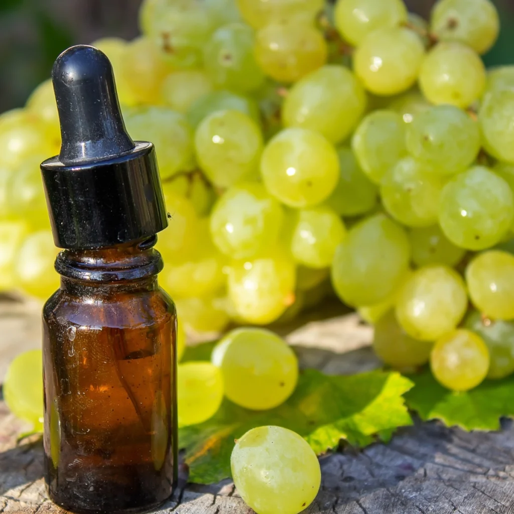 Pure grapeseed oil in a dropper bottle beside fresh grapes.