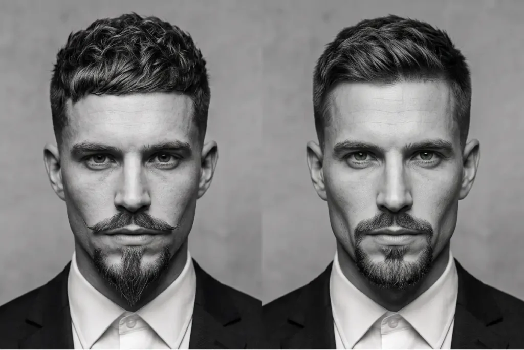 Van Dyke beard vs goatee comparison showing the difference between a detached mustache and connected goatee beard