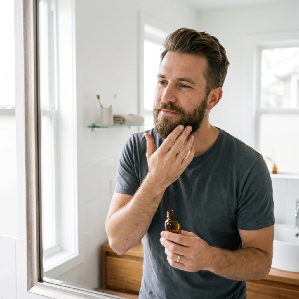 Man applying grapeseed oil through his beard toward the skin underneath.