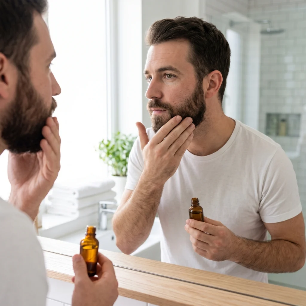 Man checking his beard while holding grapeseed oil in a bright bathroom.