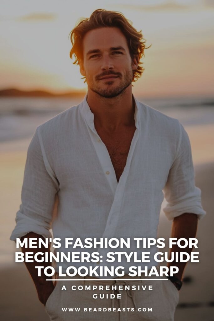 This image shows a stylish man standing on the beach during sunset, wearing a light, open-collared linen shirt. The text on the image reads: "Men's Fashion Tips for Beginners: Style Guide to Looking Sharp" with a subtitle: "A Comprehensive Guide" followed by the website URL www.beardbeasts.com. The overall aesthetic is relaxed and sophisticated, highlighting fashion tips for men.