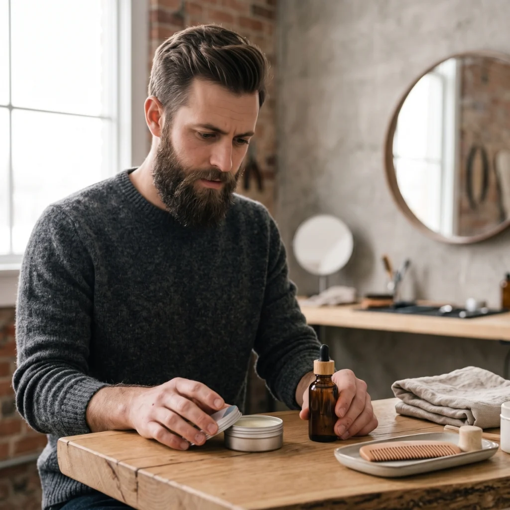 Bearded man comparing an open tin of beard butter with a bottle of beard oil before grooming.