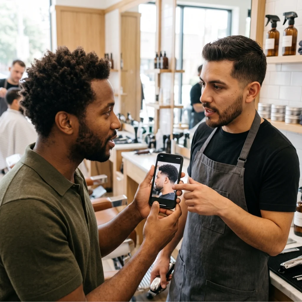 Client showing his barber a taper fade reference photo on his phone.