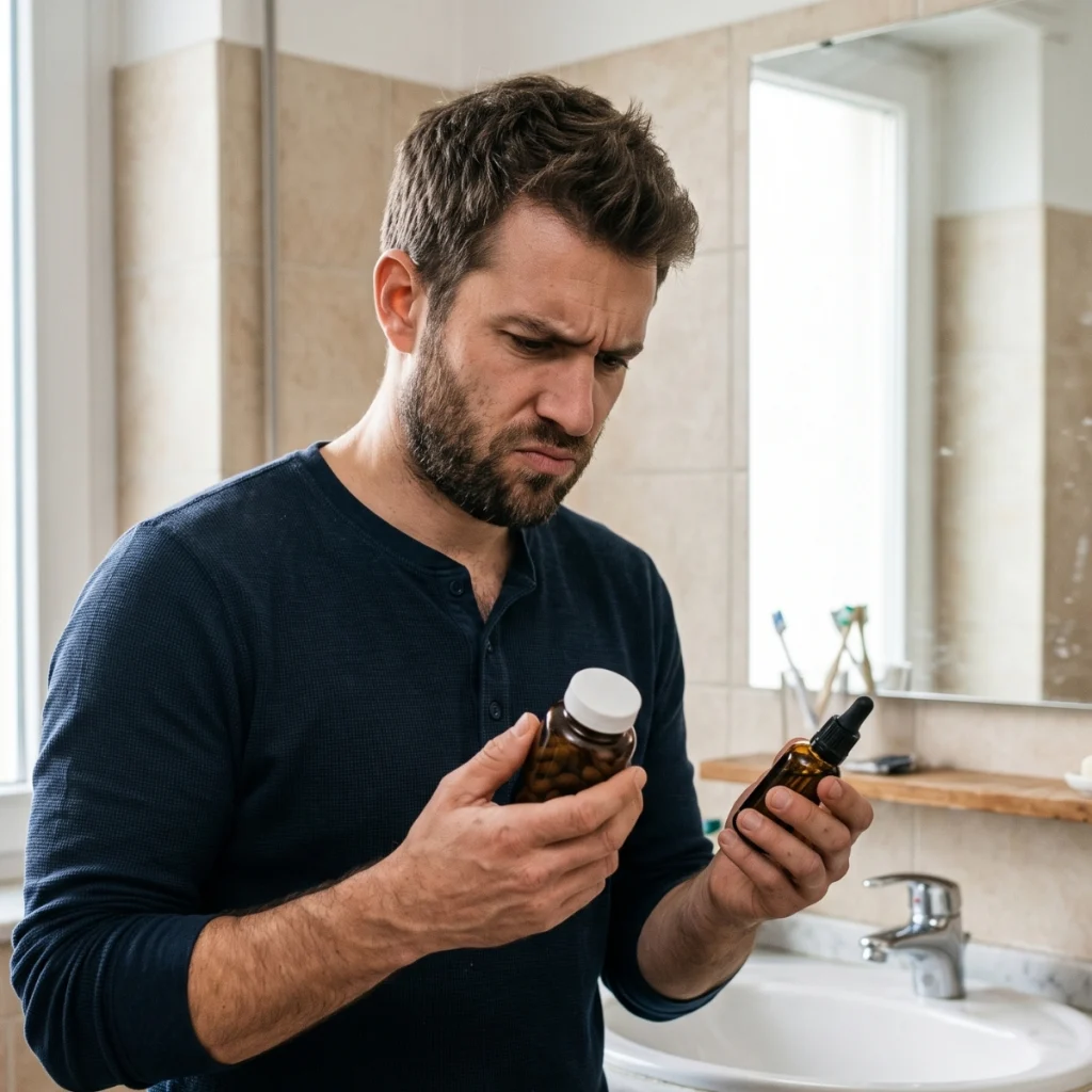 Man comparing beard oil and supplements while questioning facial hair growth claims