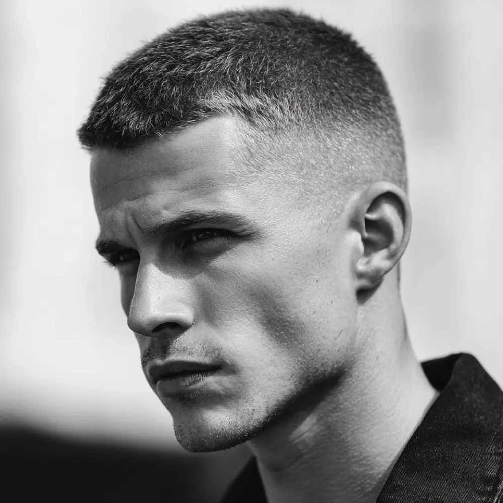 Man with a classic crew cut and mid fade, showing short hair on top with tighter faded sides.