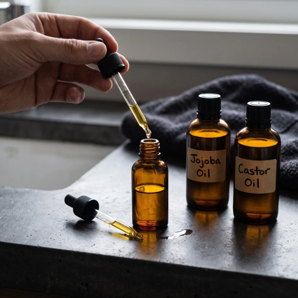 DIY shave oil recipe being made with jojoba oil and castor oil