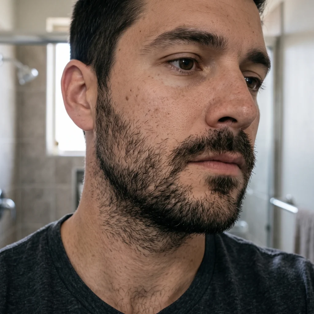 Man with uneven facial hair density showing lighter cheek growth and fuller beard growth along the jaw and chin