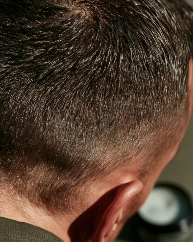 Styling clay buildup visible around the roots of short men’s hair
