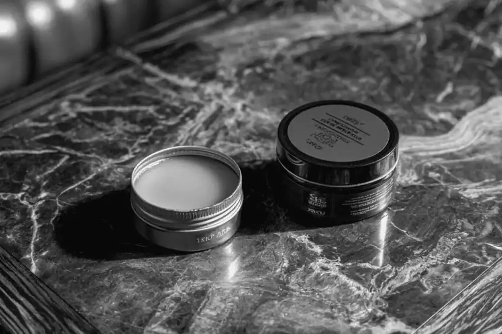 Hair clay and hair wax tins on table showing texture and finish comparison