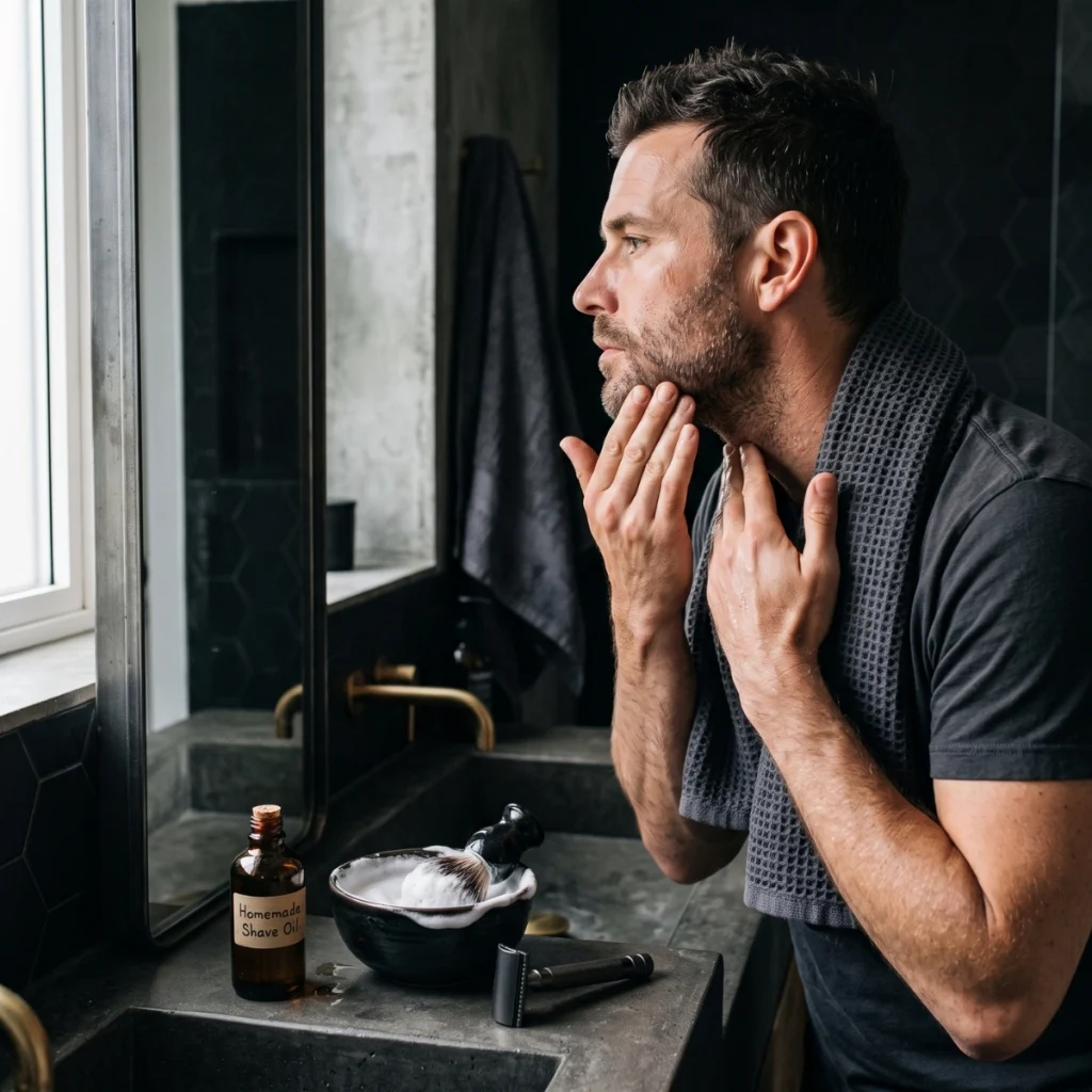 Man applying homemade shave oil to damp stubble before using shaving cream