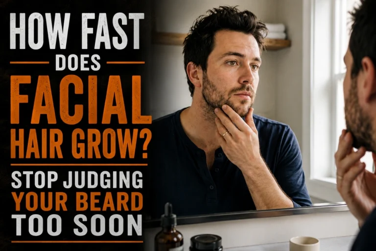 Man checking his beard growth in a mirror with text asking how fast facial hair grows