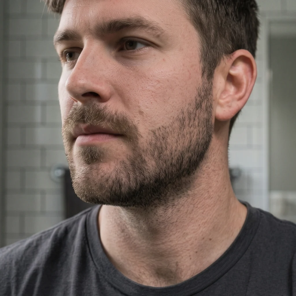Man with short facial hair growth showing early beard development on the cheeks, jaw, and chin