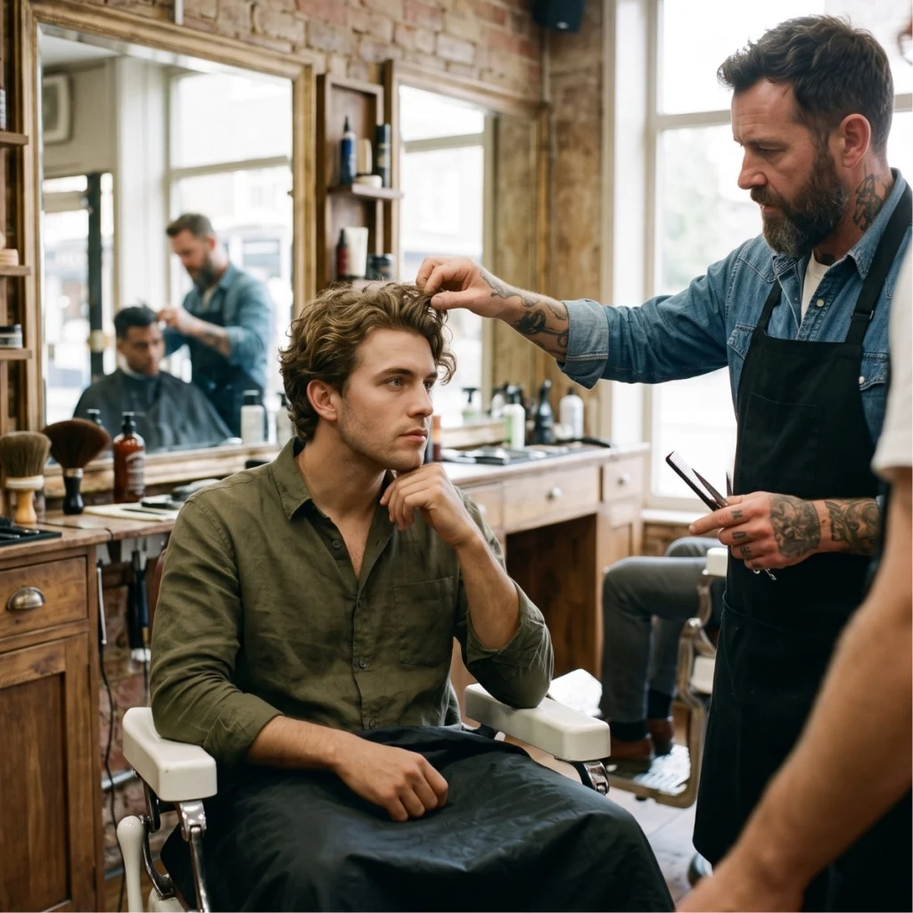 Barber checking a man's natural hair texture before choosing the haircut and styling approach.