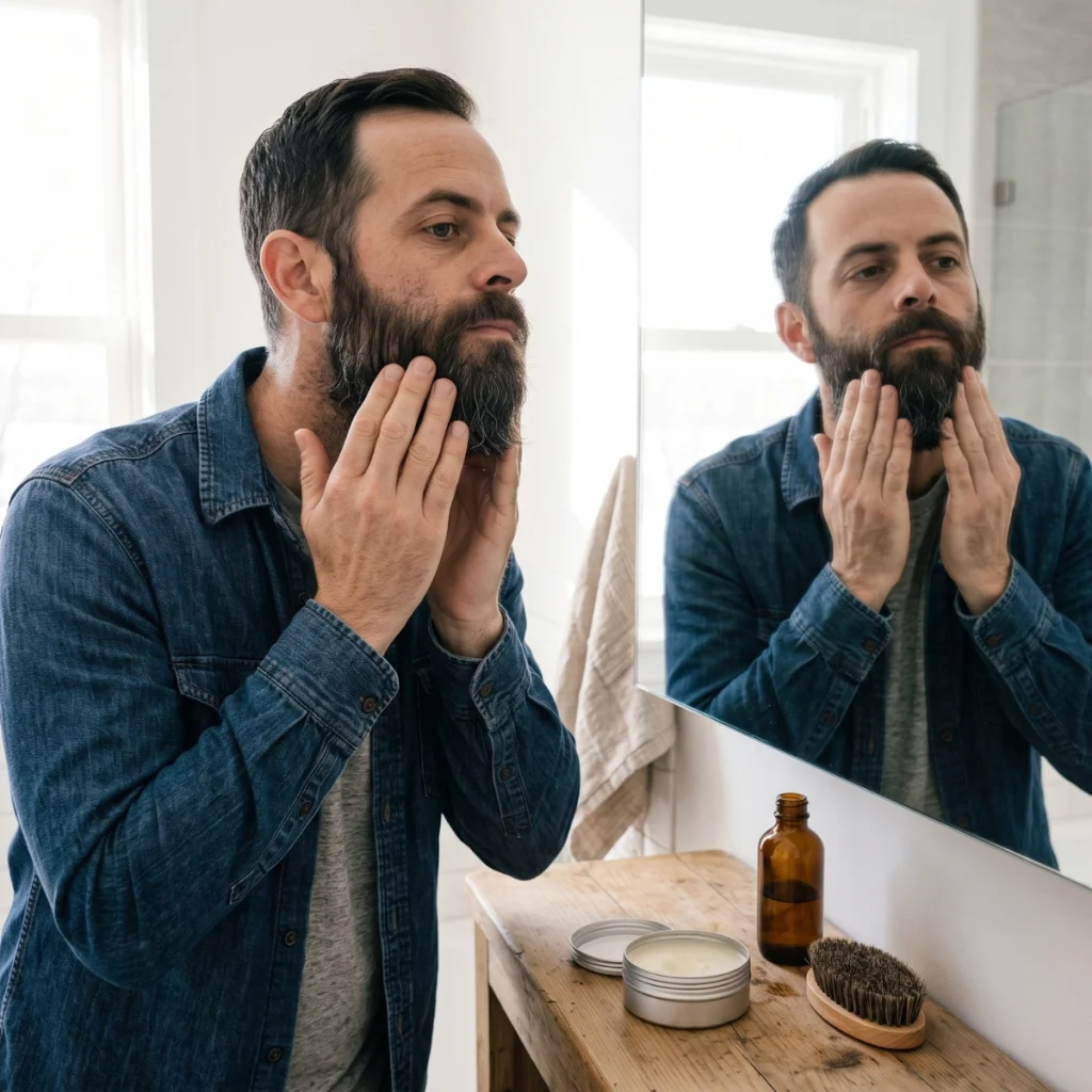 Man applying beard butter through his beard with both hands beside an open tin of beard butter.