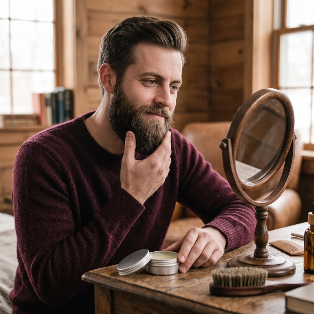 Young bearded man checking his beard beside an open tin of beard butter before deciding whether to apply more.
